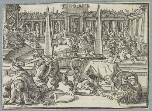 Vechtende gladiatoren in een arena by Christoffel van Sichem, print, 1574