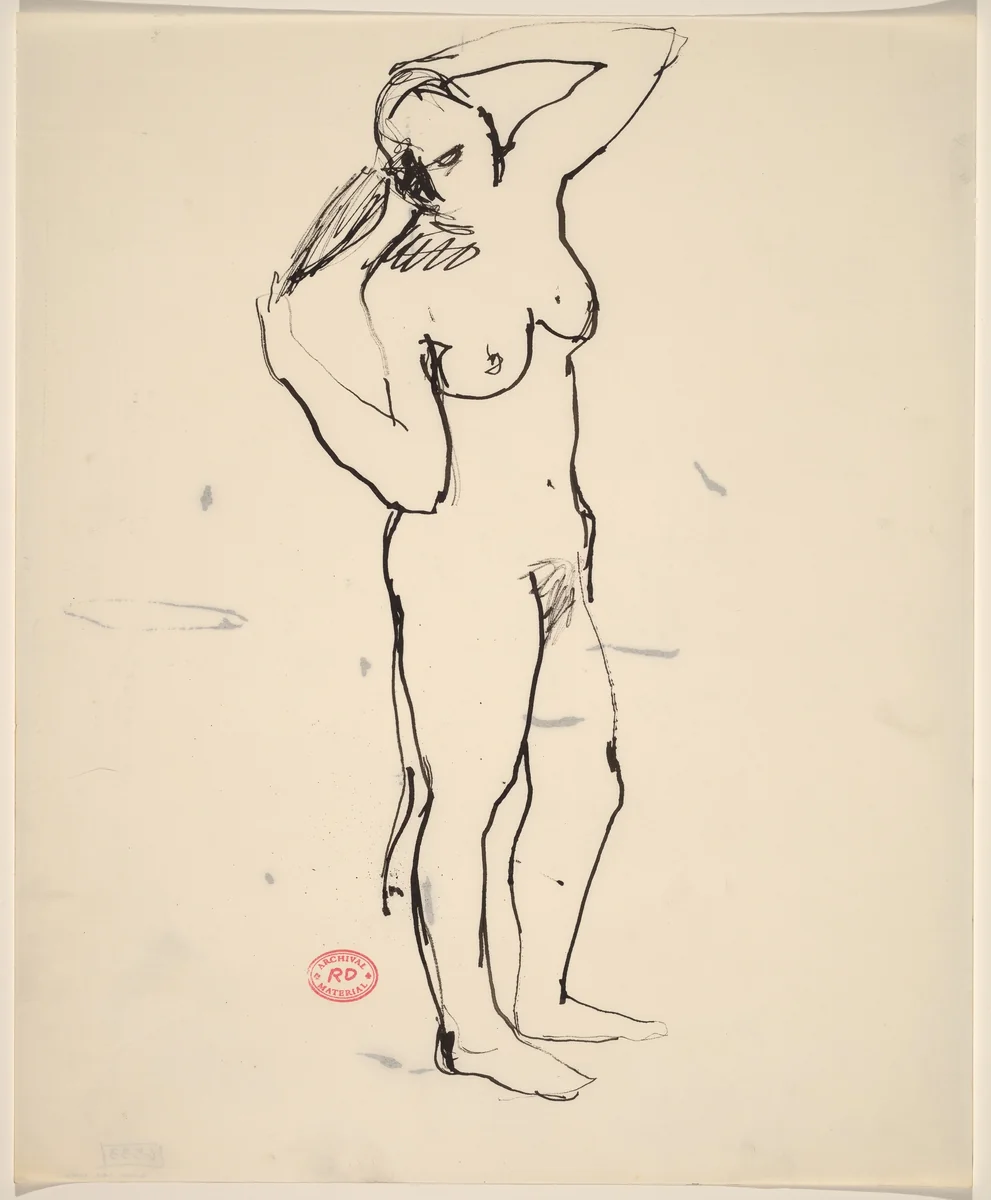 Untitled [standing female nude pulling back her hair] by Richard Diebenkorn, drawing, 1955-1967