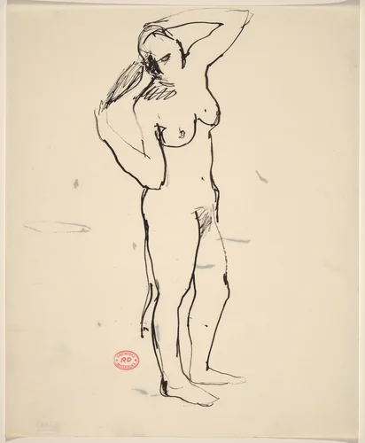 Untitled [standing female nude pulling back her hair] by Richard Diebenkorn, drawing, 1955-1967