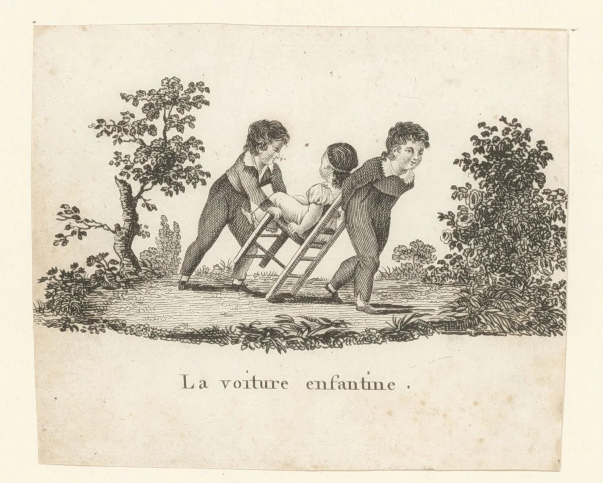 Twee jongens dragen een meisje op een stoel by anonymous, print, 1800-1899