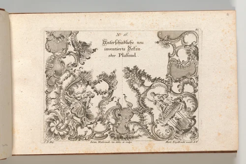 Two Designs for Ceiling Decorations, Plate 1 from 'Unterschiedliche neu inventierte Deken oder Plafond' by Jeremias Wachsmuth, book, 1750-1756