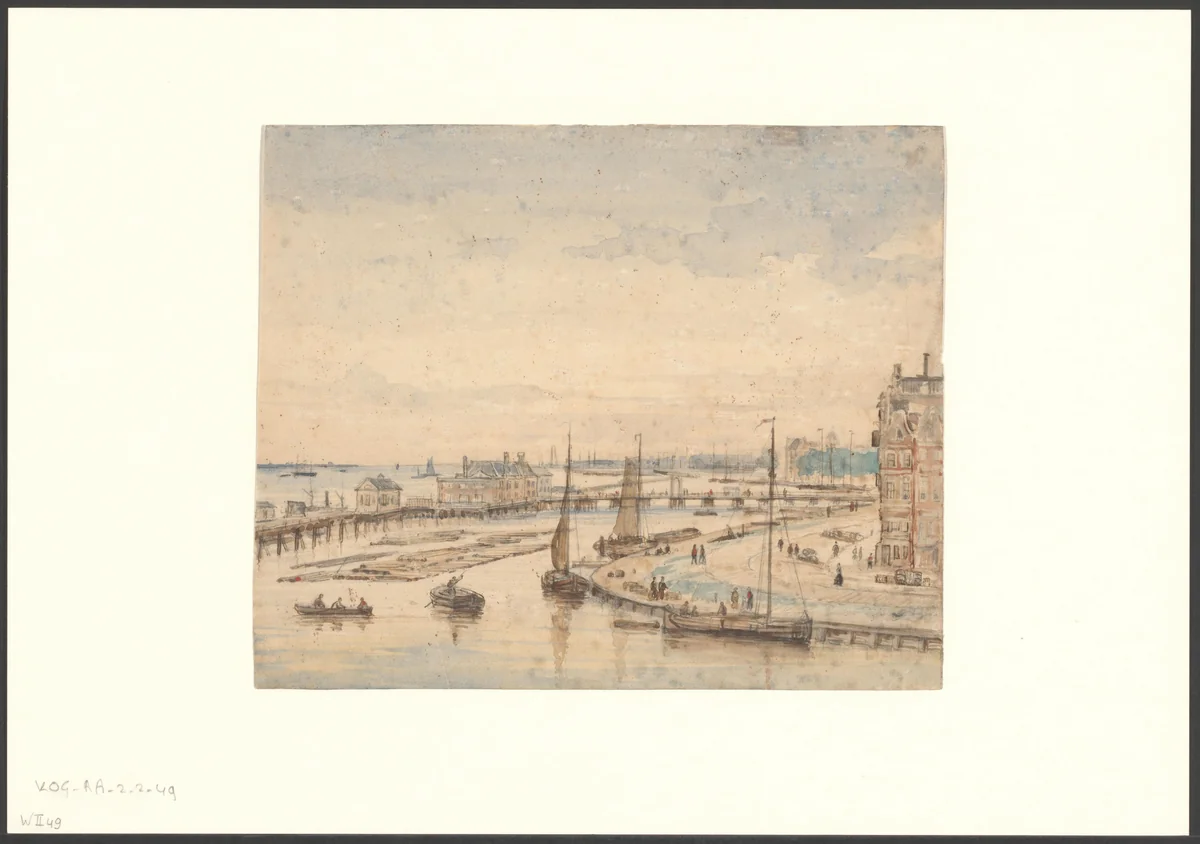 Gezicht op de Haringpakkerij en de Nieuwe Stadsherberg by Nicolaas Johannes Roosenboom, drawing, 1815-1880