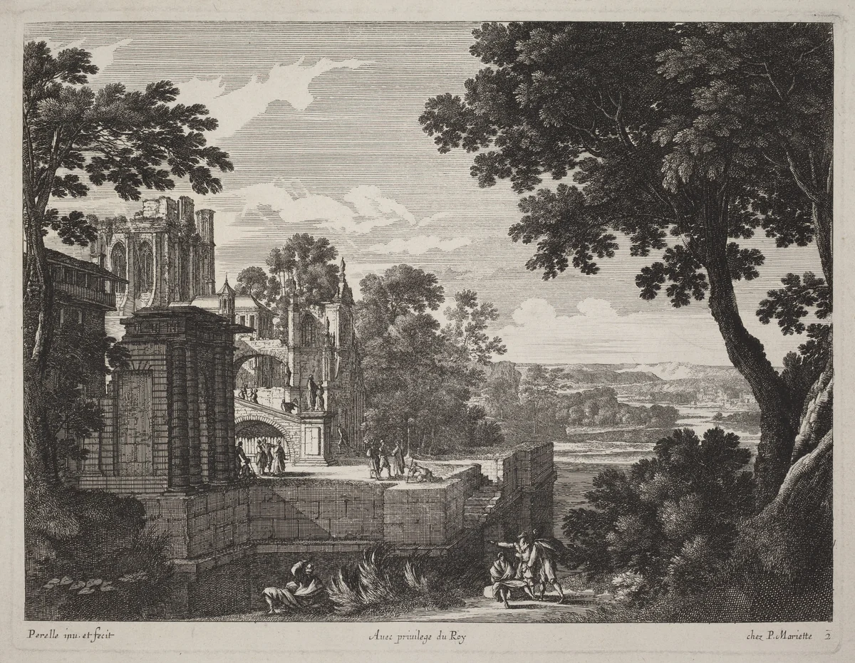 Large Landscape with a Ruined Abbey by Gabriel Perelle, print, 1603-1677