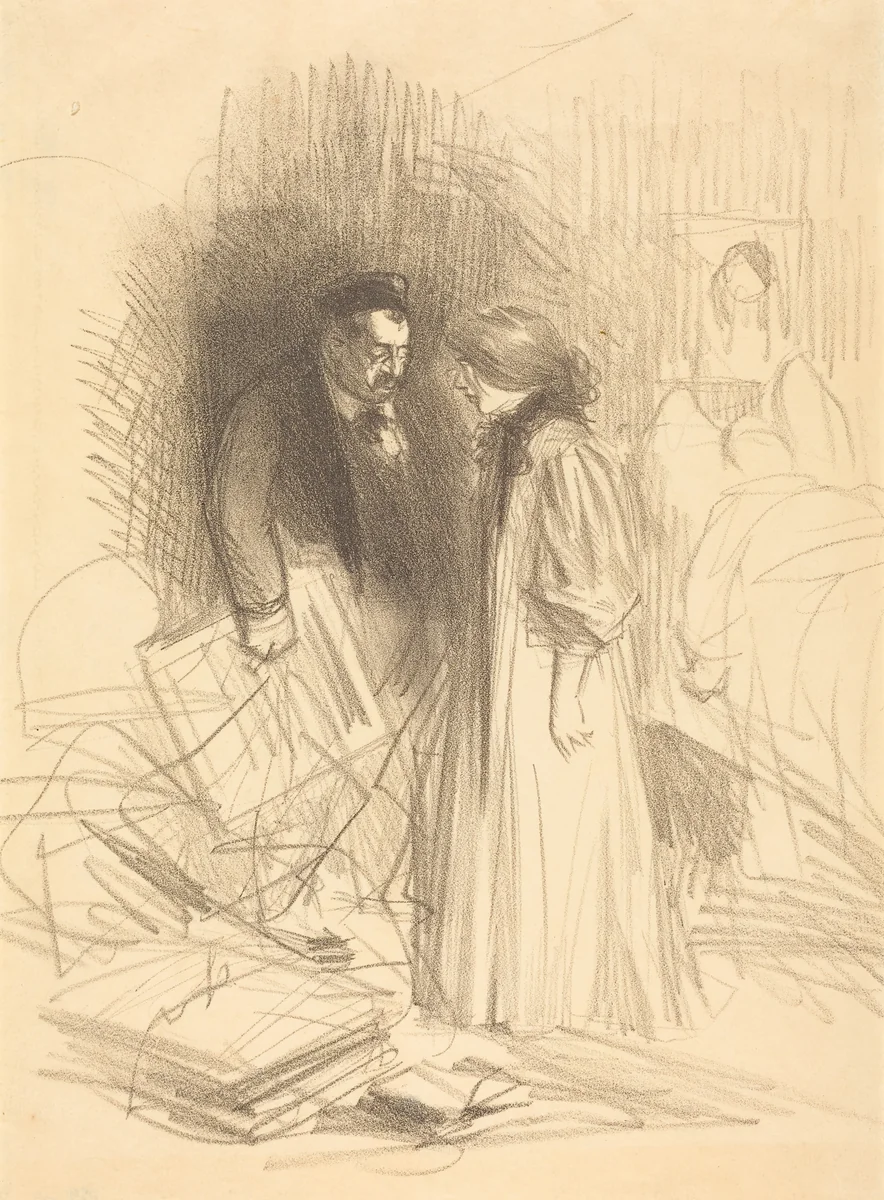 "J'ose pas encore aller le décrocher...ça lui fera trop de peine." ("I don't dare take them down...it would hurt him too much.") by Jean-Louis Forain, print, 1892