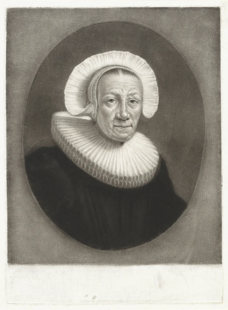 Portret van een oude vrouw met geplooide plooikraag by Pieter Louw, print, 1743-1800