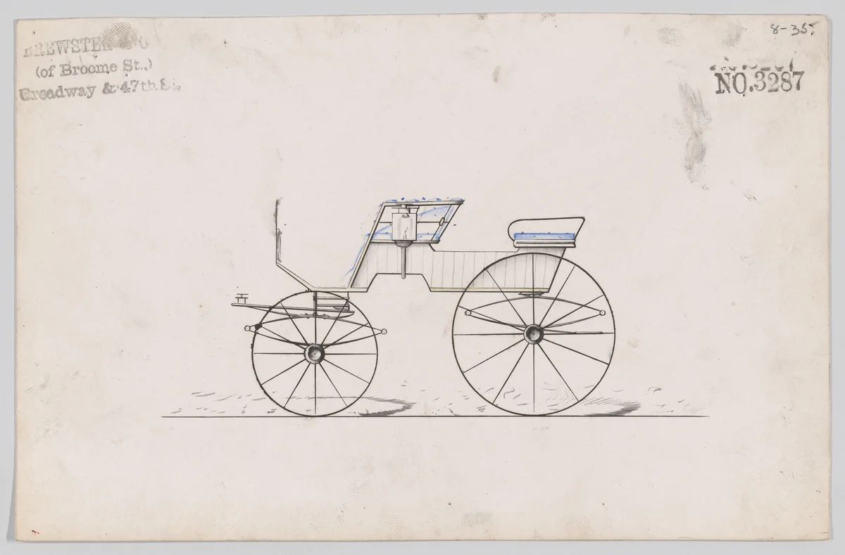 Design for 4 seat Phaeton, no top, no. 3287 by Brewster & Co., drawing, 1876