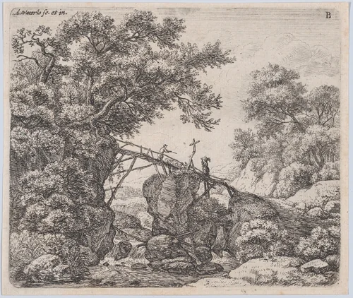 The Small Sloping Bridge by Anthonie Waterloo, print, 1620-1690