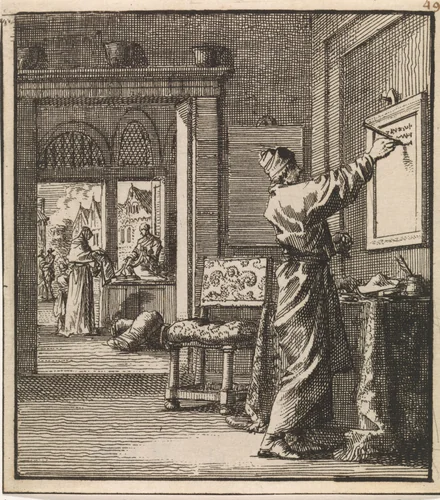 Man schrijft van rechts naar links op een lei aan de muur by Jan Luyken, print, 1711