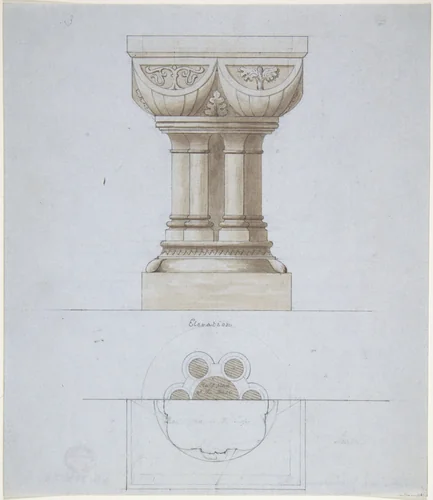 Romanesque Style Font and Plan (recto); One Font (verso) by anonymous, drawing, 1840-1870