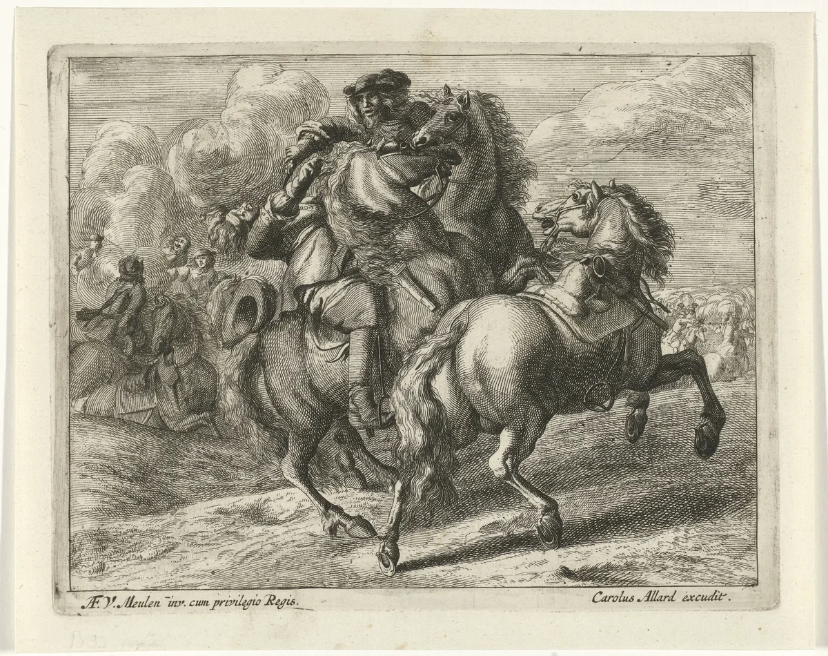 Militair te paard neergeschoten by anonymous, print, 1673-1709