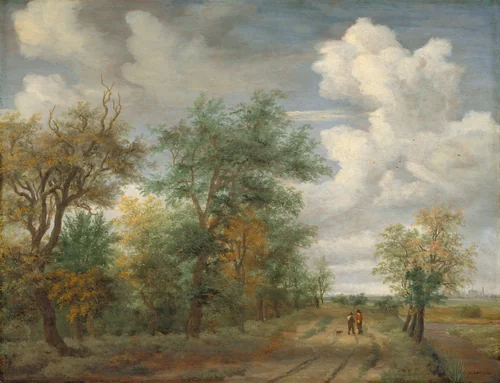 Wooded Landscape with Figures by Meindert Hobbema, painting, 1658