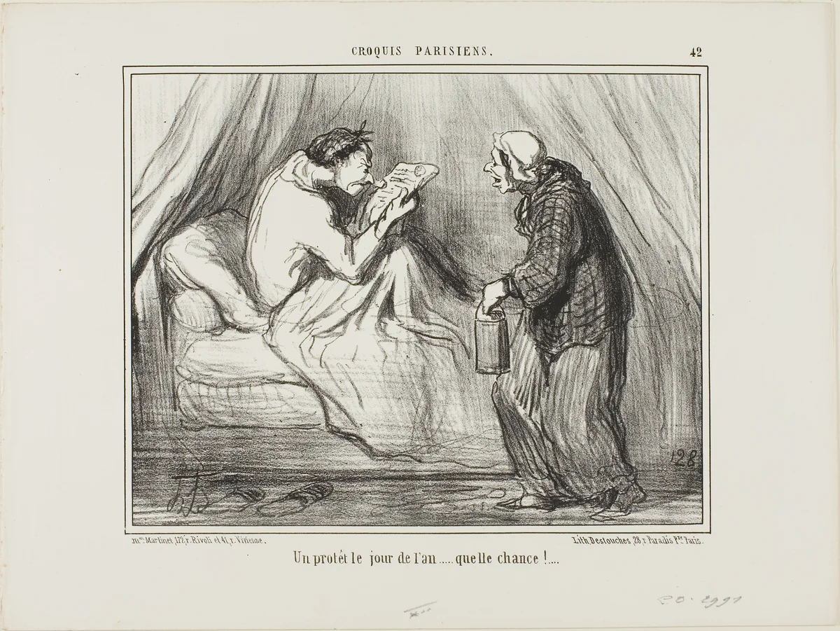 “A protest on New Year's Day! What luck! ...........,” plate 42 from Croquis Parisiens by Honoré-Victorin Daumier, print, 1857