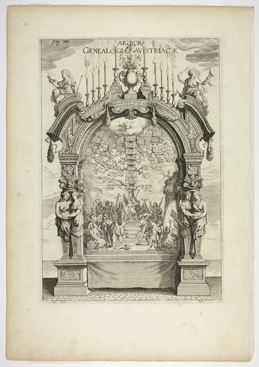 Genealogical Tree of the Austrian Royal Family, plate 32 from Casperius Gevartius, Pompa Introitus Honori Serenissimi Principis Ferdinandi (Triumphal Entry of the Most Serene and Honorable Cardinal-Infante Ferdinand) by Theodoor van Thulden, print, 1642