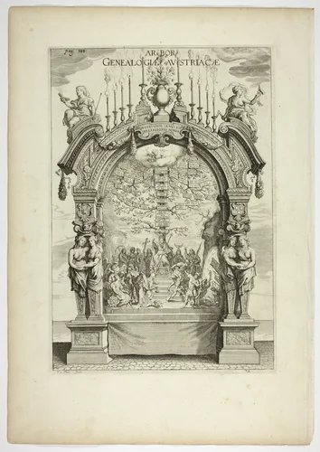 Genealogical Tree of the Austrian Royal Family, plate 32 from Casperius Gevartius, Pompa Introitus Honori Serenissimi Principis Ferdinandi (Triumphal Entry of the Most Serene and Honorable Cardinal-Infante Ferdinand) by Theodoor van Thulden, print, 1642