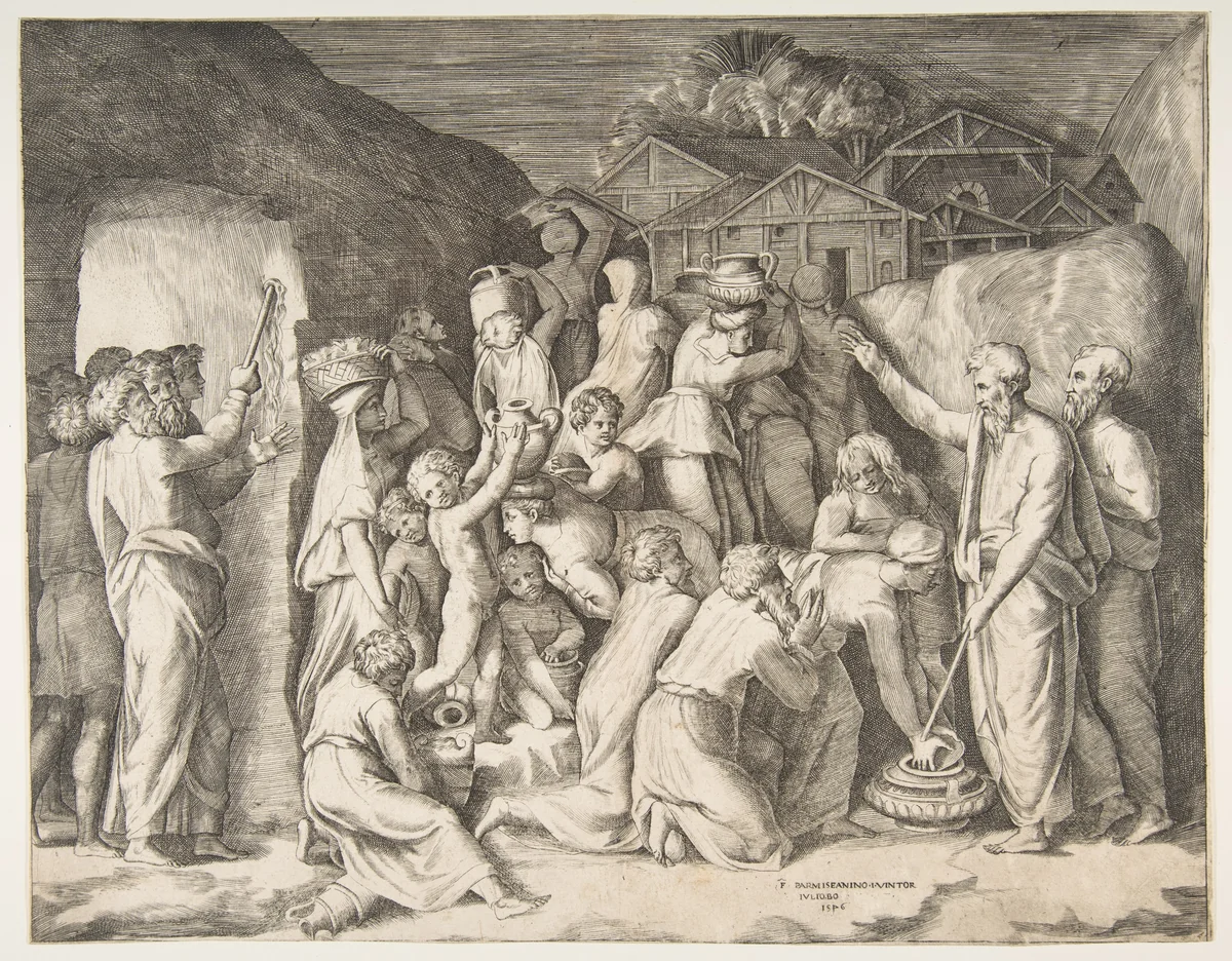 Moses at right telling the Israelites to gather the manna and at left Moses striking the rock by Giulio Bonasone, print, 1546