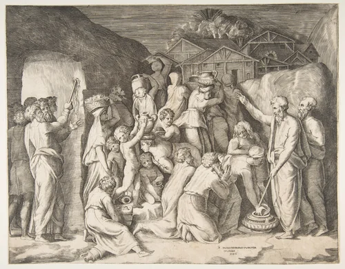 Moses at right telling the Israelites to gather the manna and at left Moses striking the rock by Giulio Bonasone, print, 1546