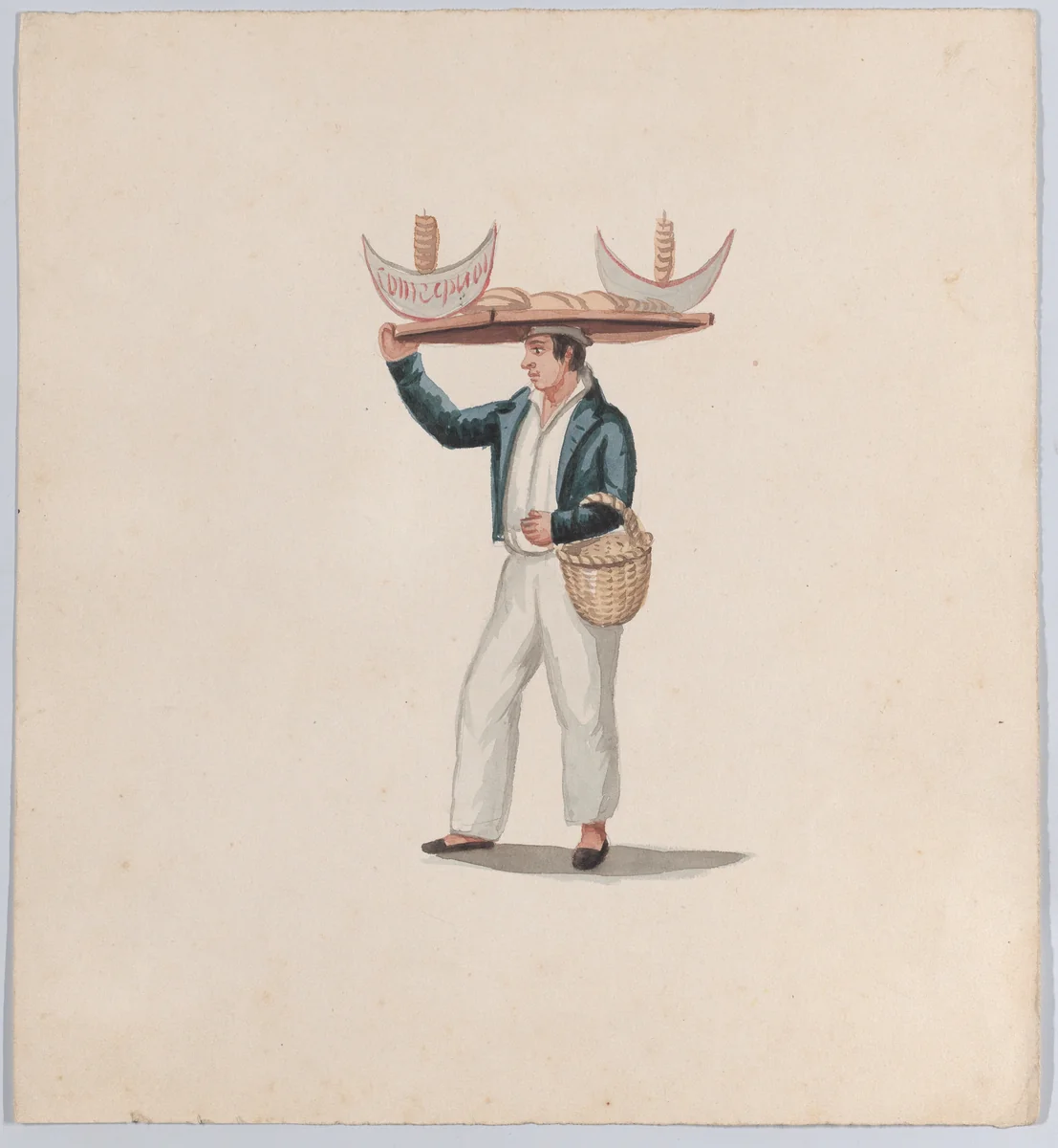 A tortilla vendor balancing a tray on his head, from a group of drawings depicting Peruvian dress by Francisco Fierro, drawing, 1843-1853