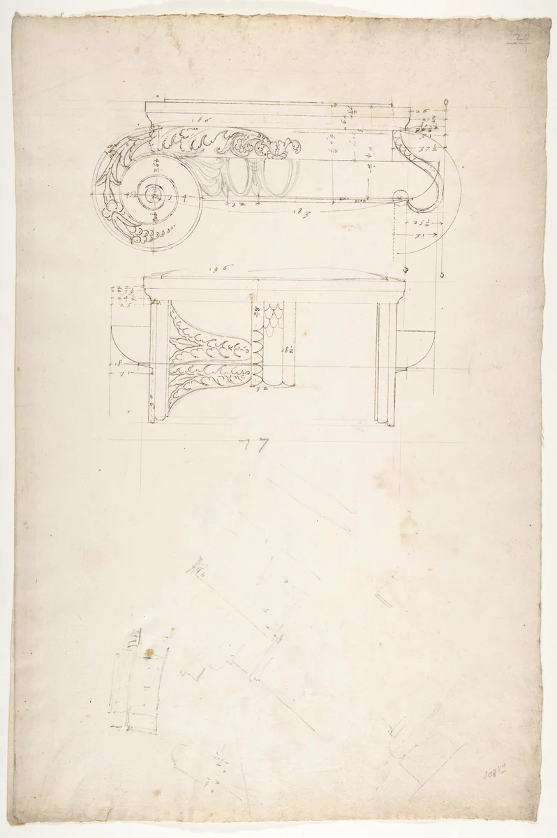 Unidentified, Ionic capital, front and side elevations with small studies (recto) calculation notes (verso) by anonymous, drawing, 1500-1560