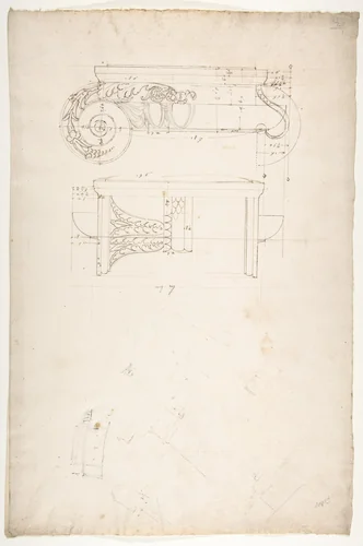 Unidentified, Ionic capital, front and side elevations with small studies (recto) calculation notes (verso) by anonymous, drawing, 1500-1560