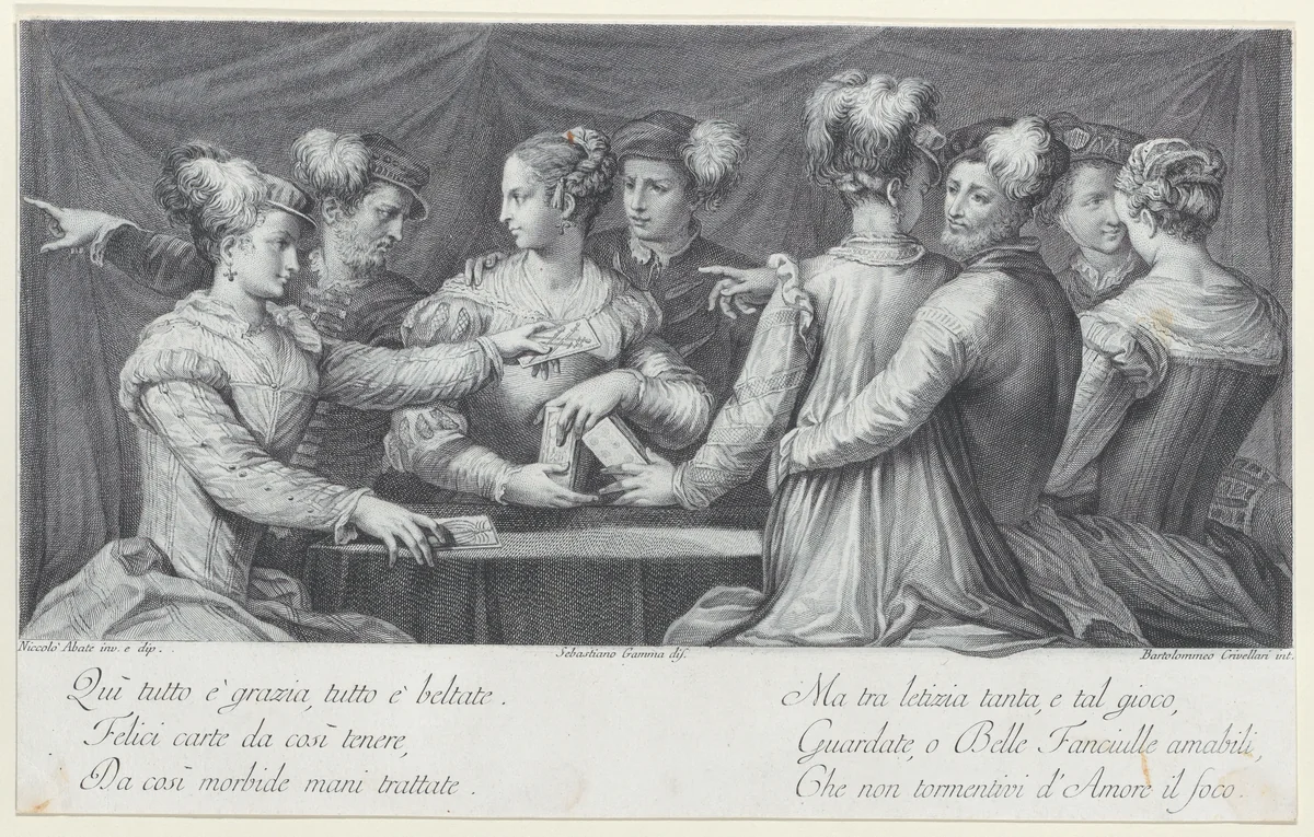 A group of elegantly dressed people playing cards by Bartolomeo Crivellari, print, 1740-1768