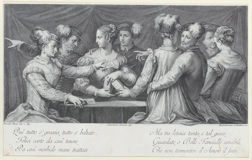 A group of elegantly dressed people playing cards by Bartolomeo Crivellari, print, 1740-1768