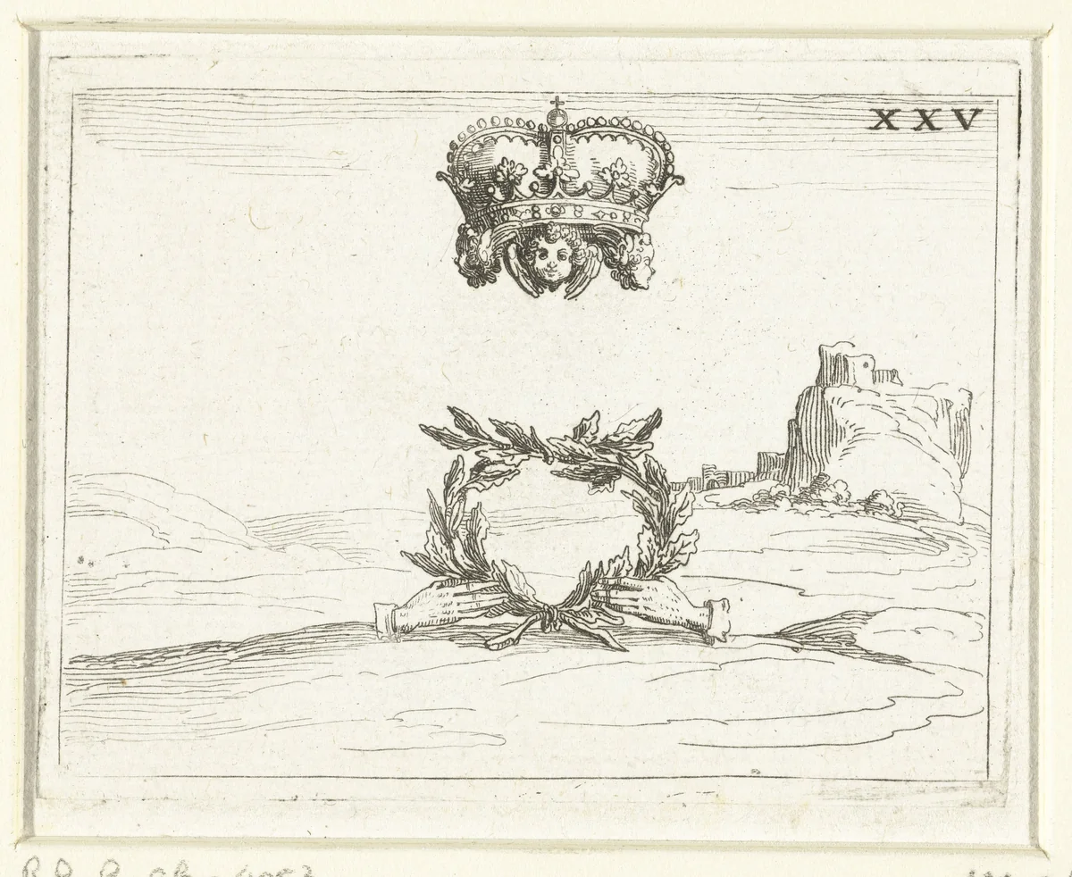 Een kroon en een lauwerkrans by Jacques Callot, print, 1625-1629