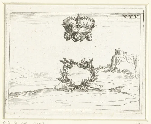Een kroon en een lauwerkrans by Jacques Callot, print, 1625-1629