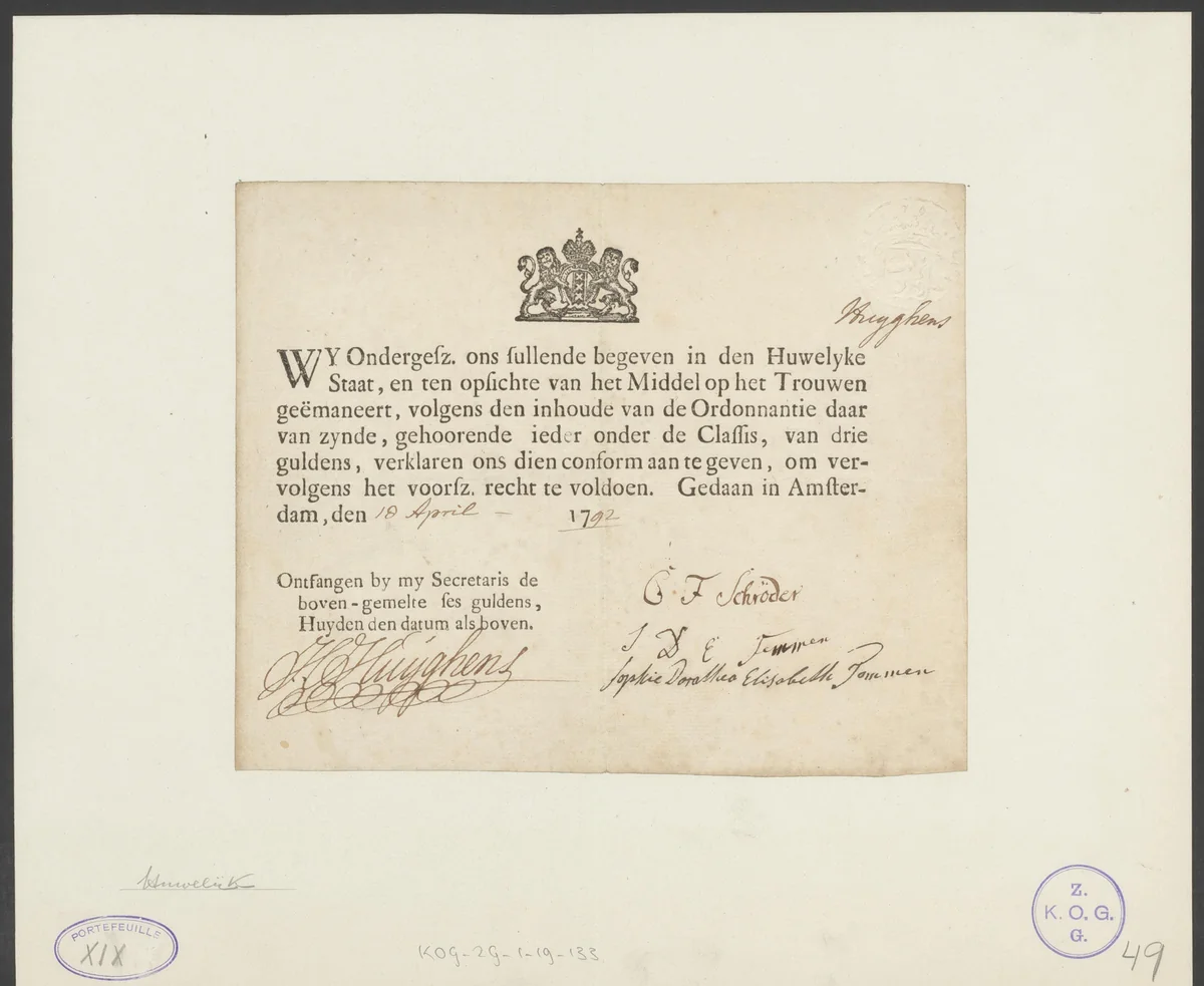 Aangiftebiljet voor het middel op het trouwen by anonymous, manuscript, 1792