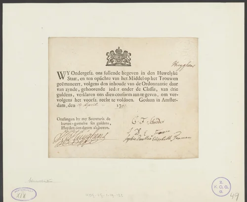 Aangiftebiljet voor het middel op het trouwen by anonymous, manuscript, 1792