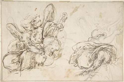 Figures of Two Music-Making Angels by anonymous, drawing, 1600-1700