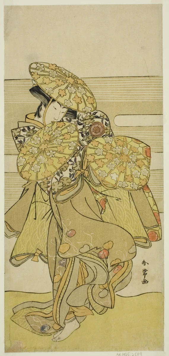 The Actor Iwai Hanshiro IV in the Hanagasa Dance in the Play Iromi-gusa Shiki no Somewake, Performed at the Nakamura Theater in the Ninth Month, 1781 by Katsukawa Shunjo, print, 1776-1786