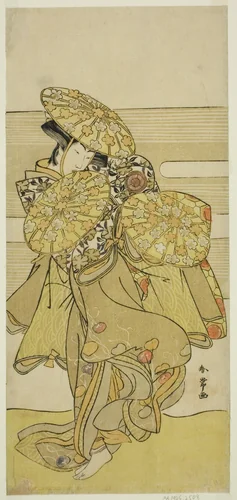 The Actor Iwai Hanshiro IV in the Hanagasa Dance in the Play Iromi-gusa Shiki no Somewake, Performed at the Nakamura Theater in the Ninth Month, 1781 by Katsukawa Shunjo, print, 1776-1786