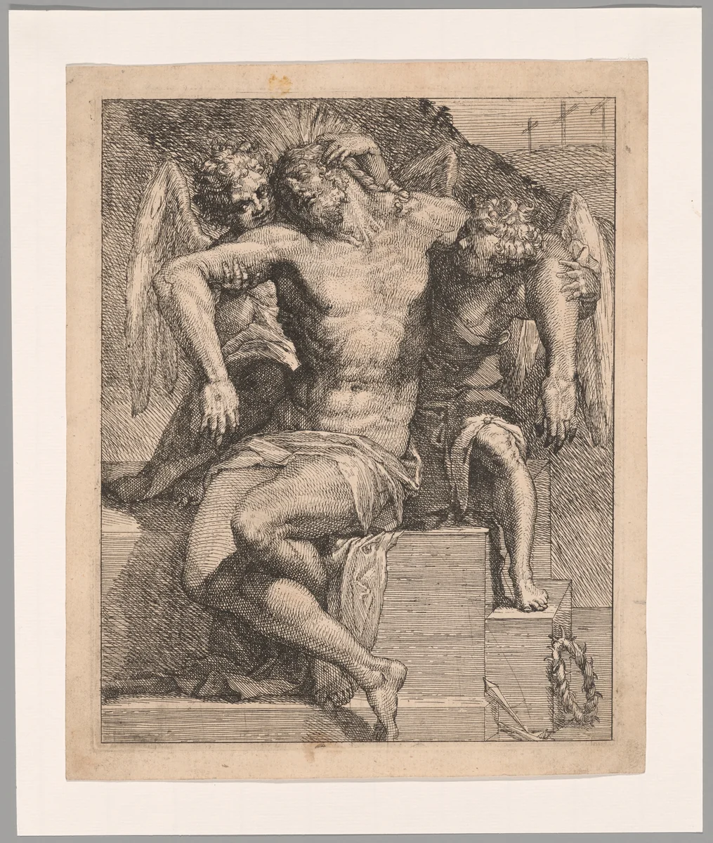Dead Christ Held by Angels by Orazio Samacchini, print, 1580-1620