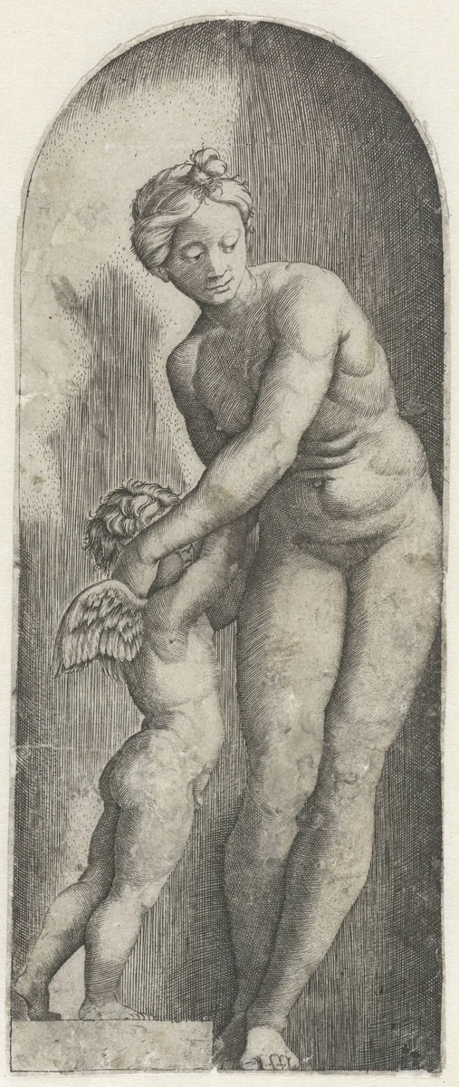Venus en Amor staand in nis by anonymous, print, 1510-1575