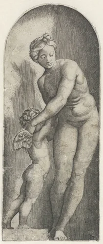 Venus en Amor staand in nis by anonymous, print, 1510-1575