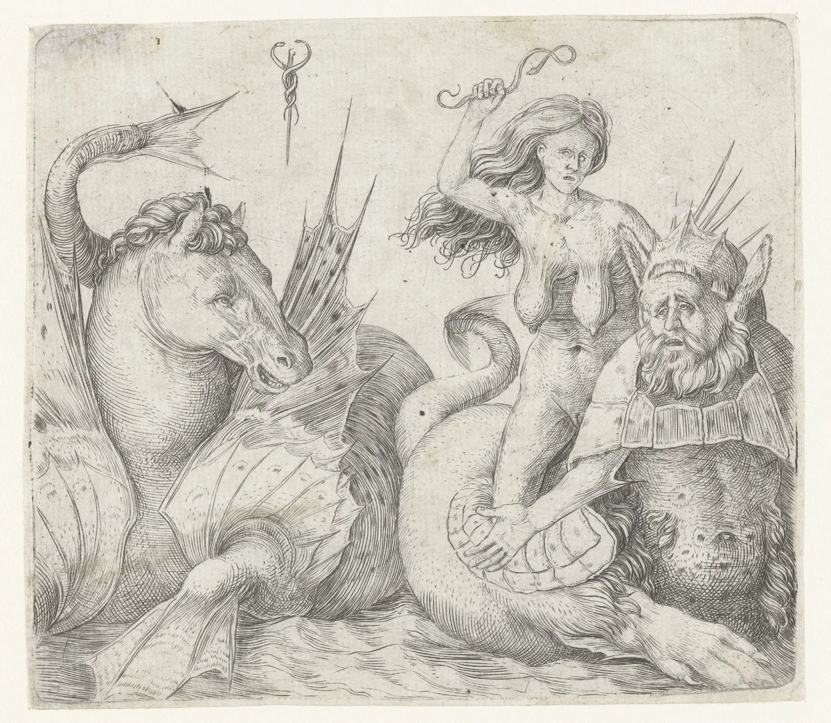 Oude vrouw op rug van triton naast hippocampus by Unknown, print, 1507-1510