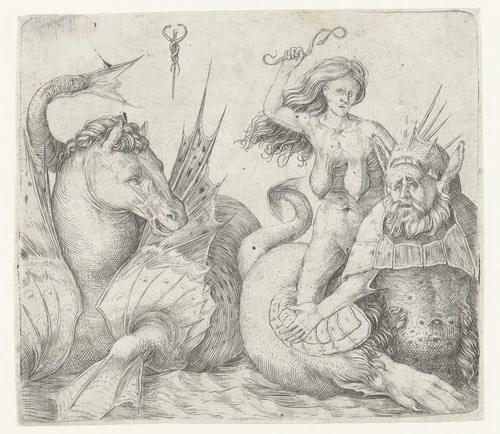 Oude vrouw op rug van triton naast hippocampus by Unknown, print, 1507-1510
