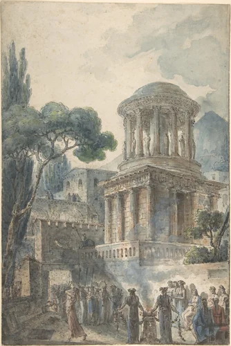 Ancient Scene with a Funeral Ceremony for an Actor by Louis Jean Desprez, drawing, 1772-1782