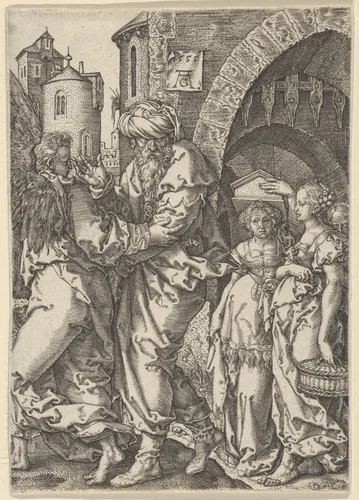 Lot and His Family Fleeing from Sodom, from The Story of Lot by Heinrich Aldegrever, print, 1555