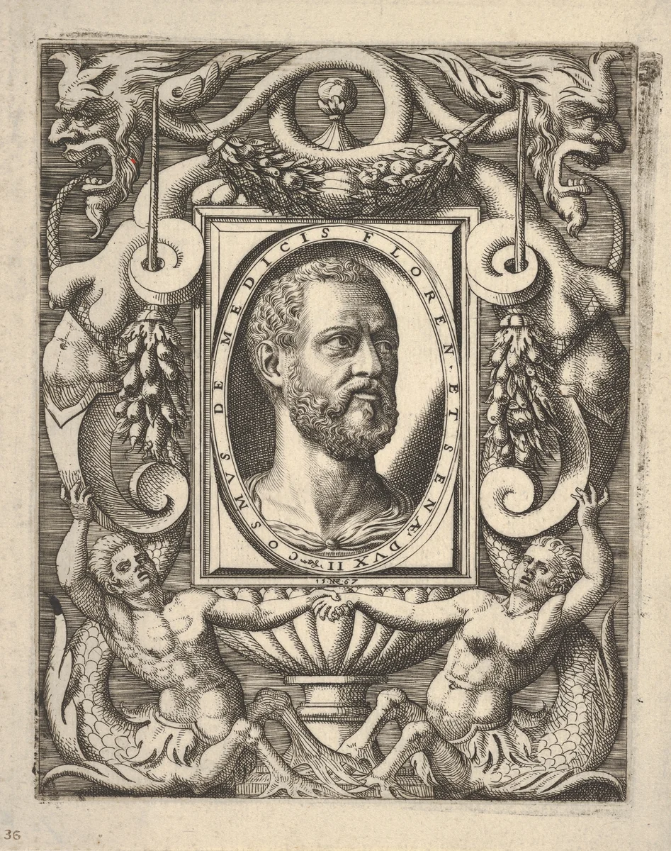 Bust portrait of Cosimo I de' Medici, in an oval frame set within a rectangular plaque, surrounded by fantastical ornament by Nicolò Nelli, print, 1567