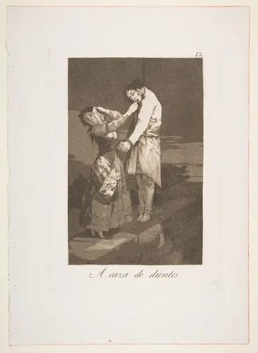 Plate 12 from "Los Caprichos": Out hunting for teeth (A caza de dientes) by Goya, print, 1799