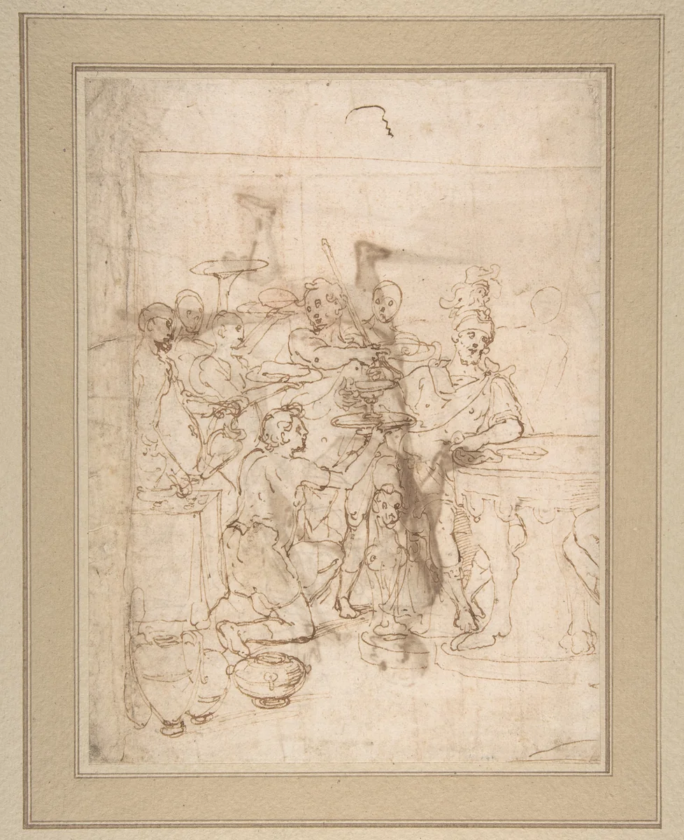 Banquet Scene: A Seated Warrior Attended by a Number of Servants (recto); Back View of a Standing Man in a Long Cloak (verso) by Cesare Nebbia, drawing, 1536-1614