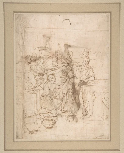 Banquet Scene: A Seated Warrior Attended by a Number of Servants (recto); Back View of a Standing Man in a Long Cloak (verso) by Cesare Nebbia, drawing, 1536-1614