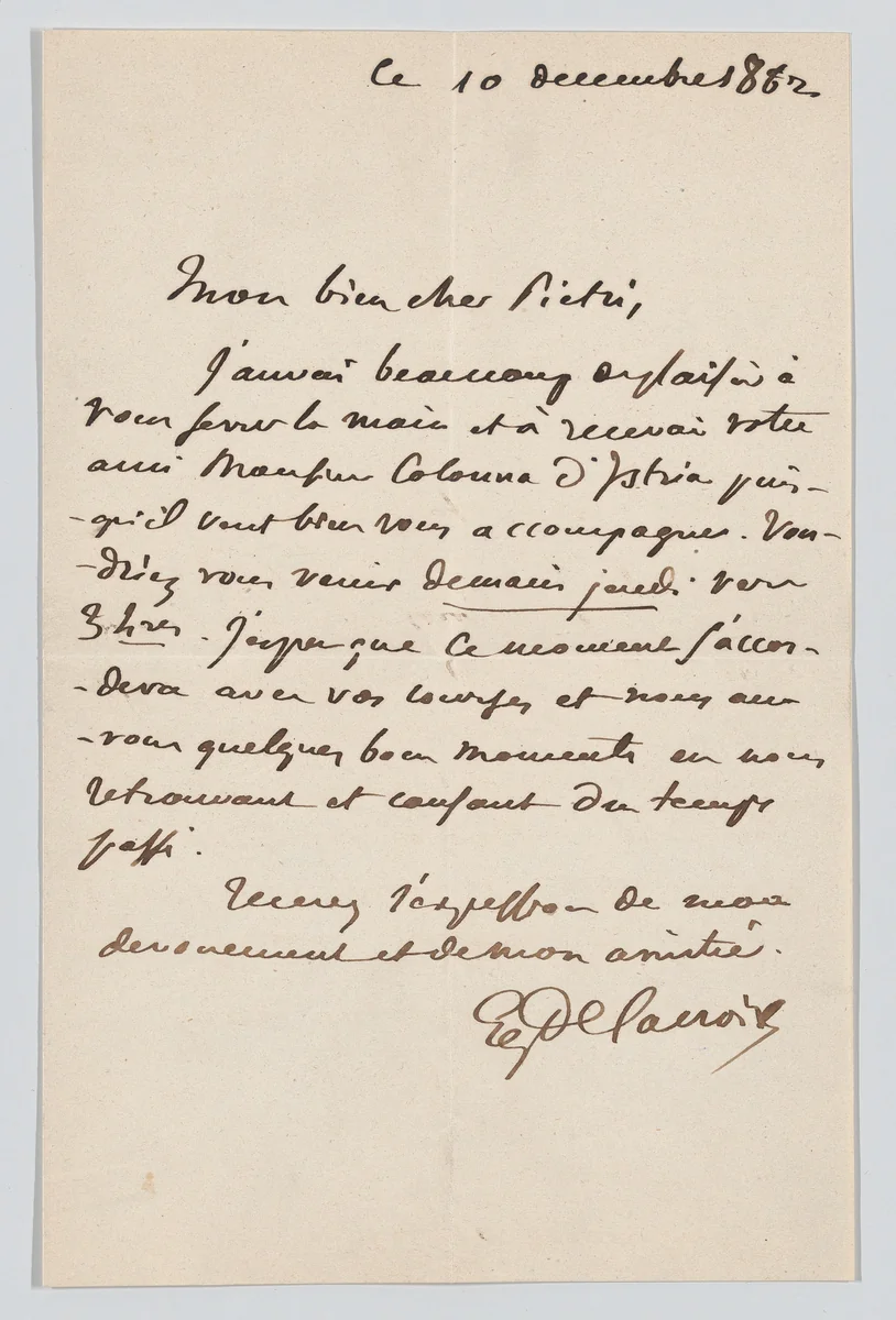 Letter to Pierre Marie Pietri, with envelope by Eugène Delacroix, other, 1857-1867
