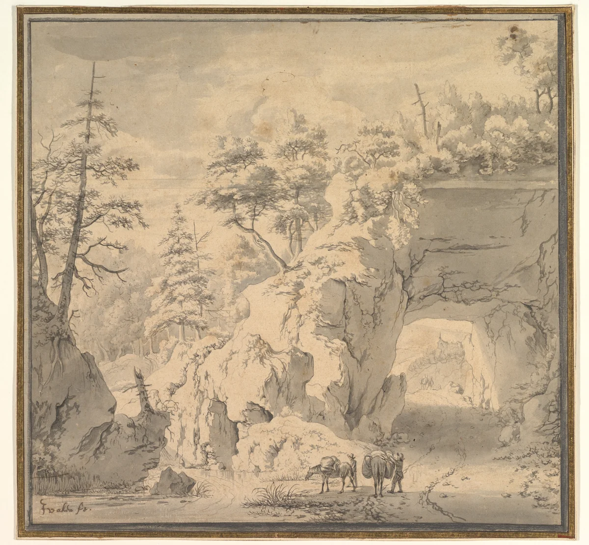 A Mountainous Landscape with Travellers on a Road by Jan van Aken, drawing, 1650-1655