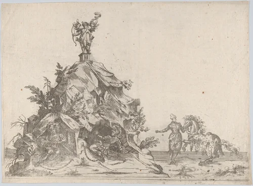 Rock formation with a blindfolded figure of cupid at top, two soldiers bound at the bottom, and a man with a horse to the right by anonymous, print, 1500-1599