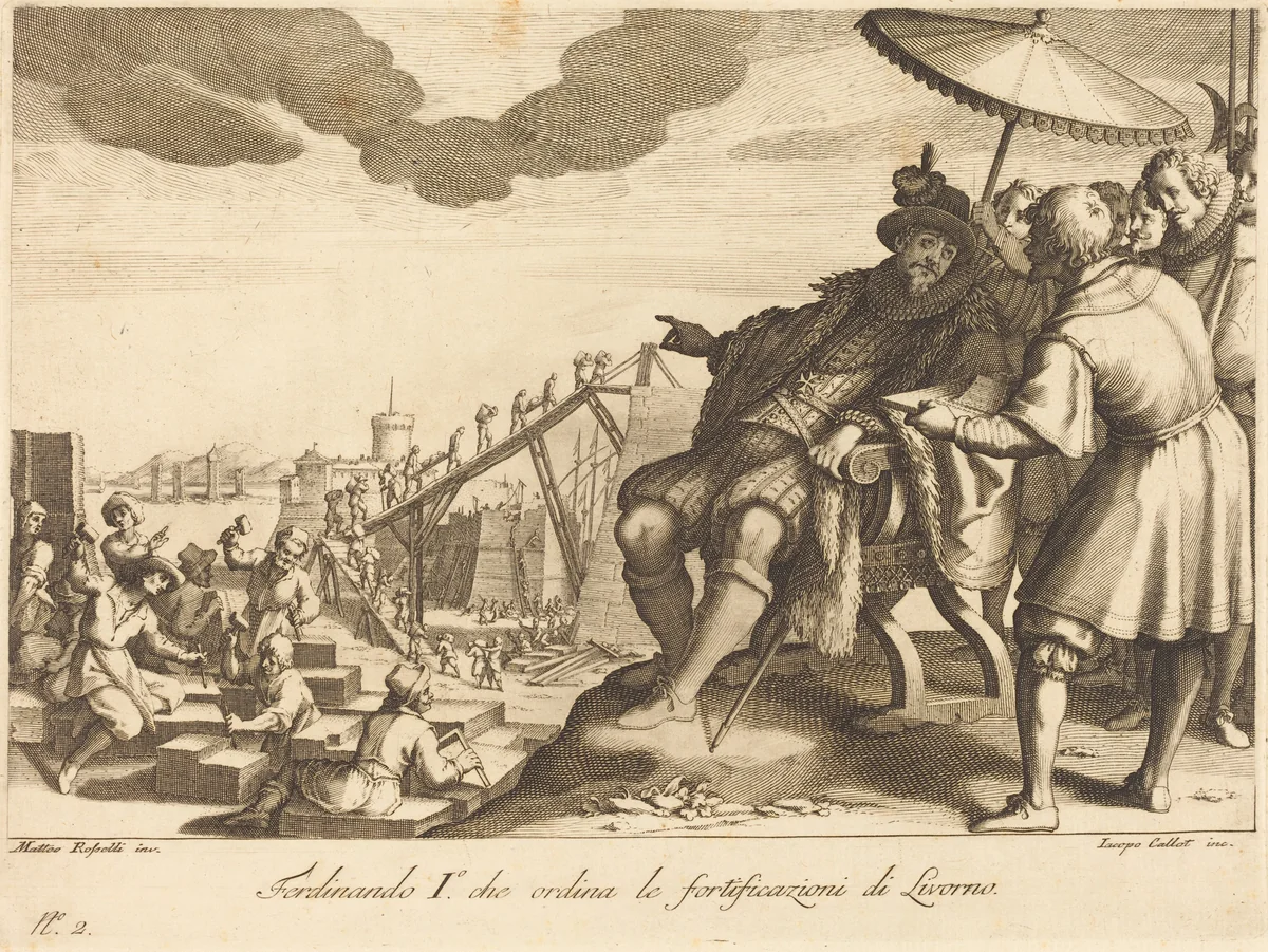Construction and Fortification of the Port of Livorno by Jacques Callot, print, 1614