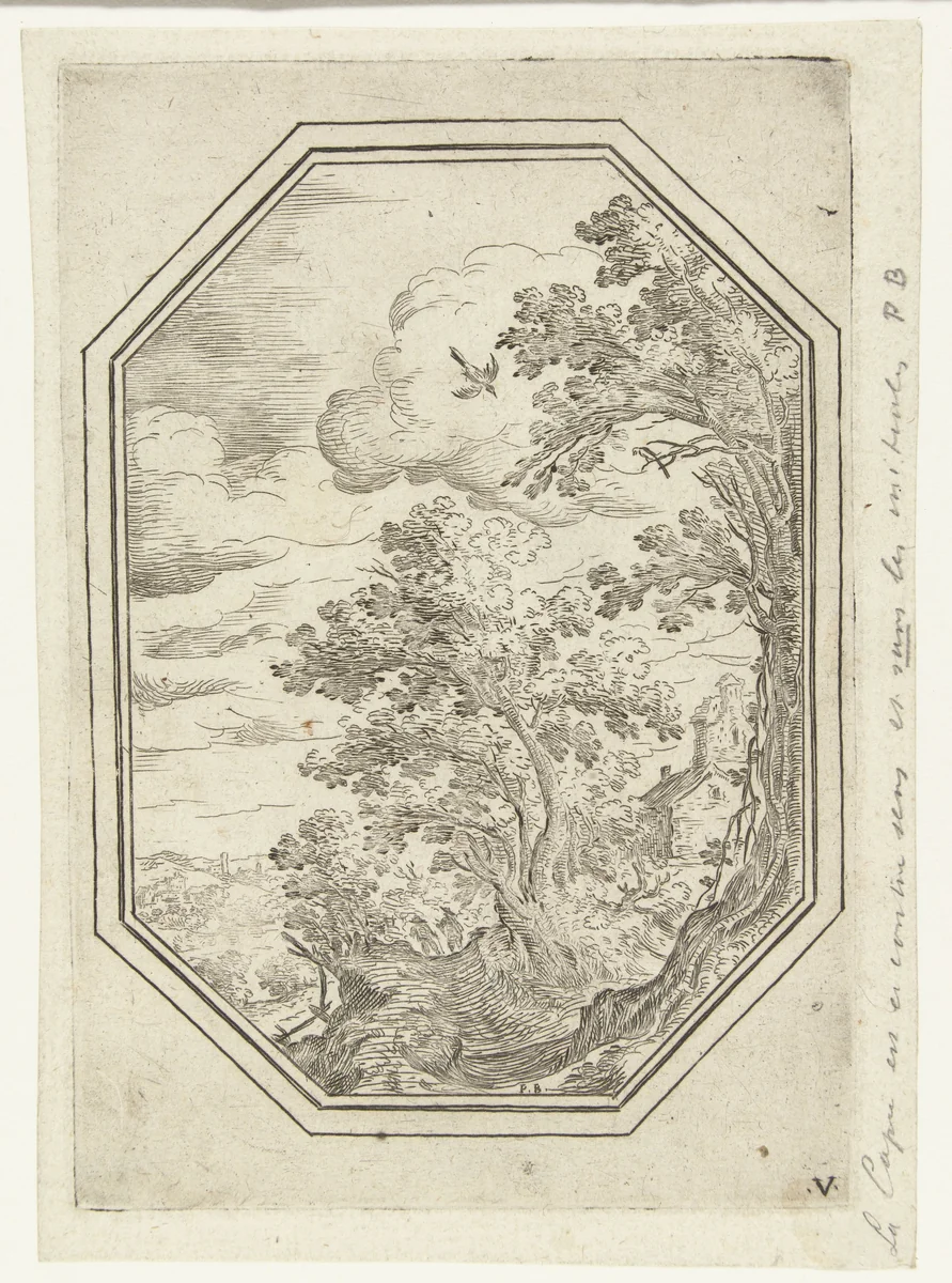Landschap met pad tussen bomen in octagonaal kader by Unknown, print, 1582-1626