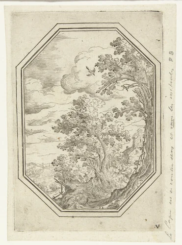 Landschap met pad tussen bomen in octagonaal kader by Unknown, print, 1582-1626