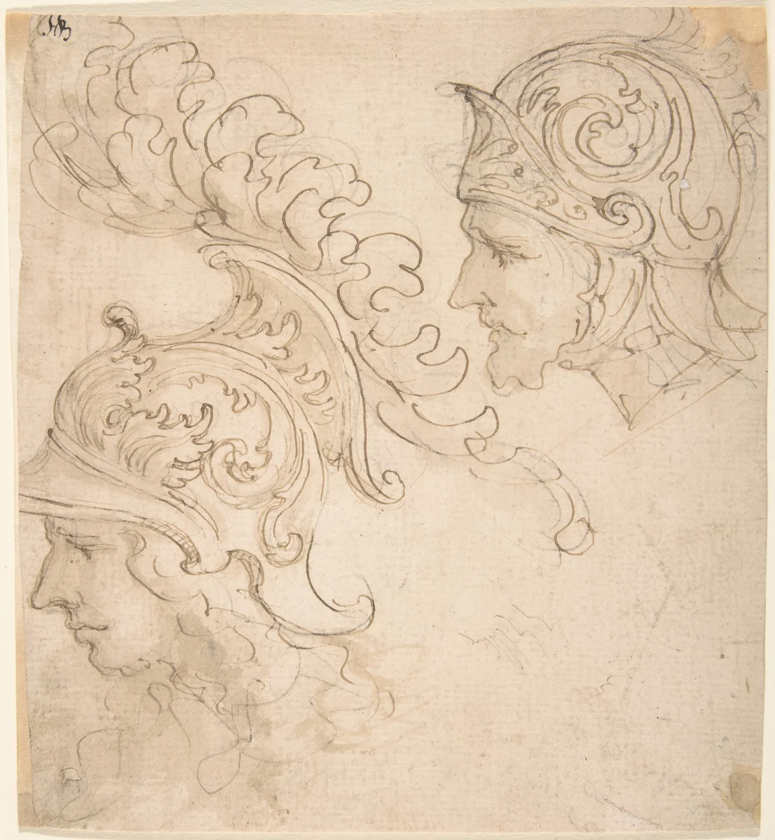 Two Studies for Helmet Designs Presented En Profil by Giovanni Battista Foggini, drawing, 1652-1725